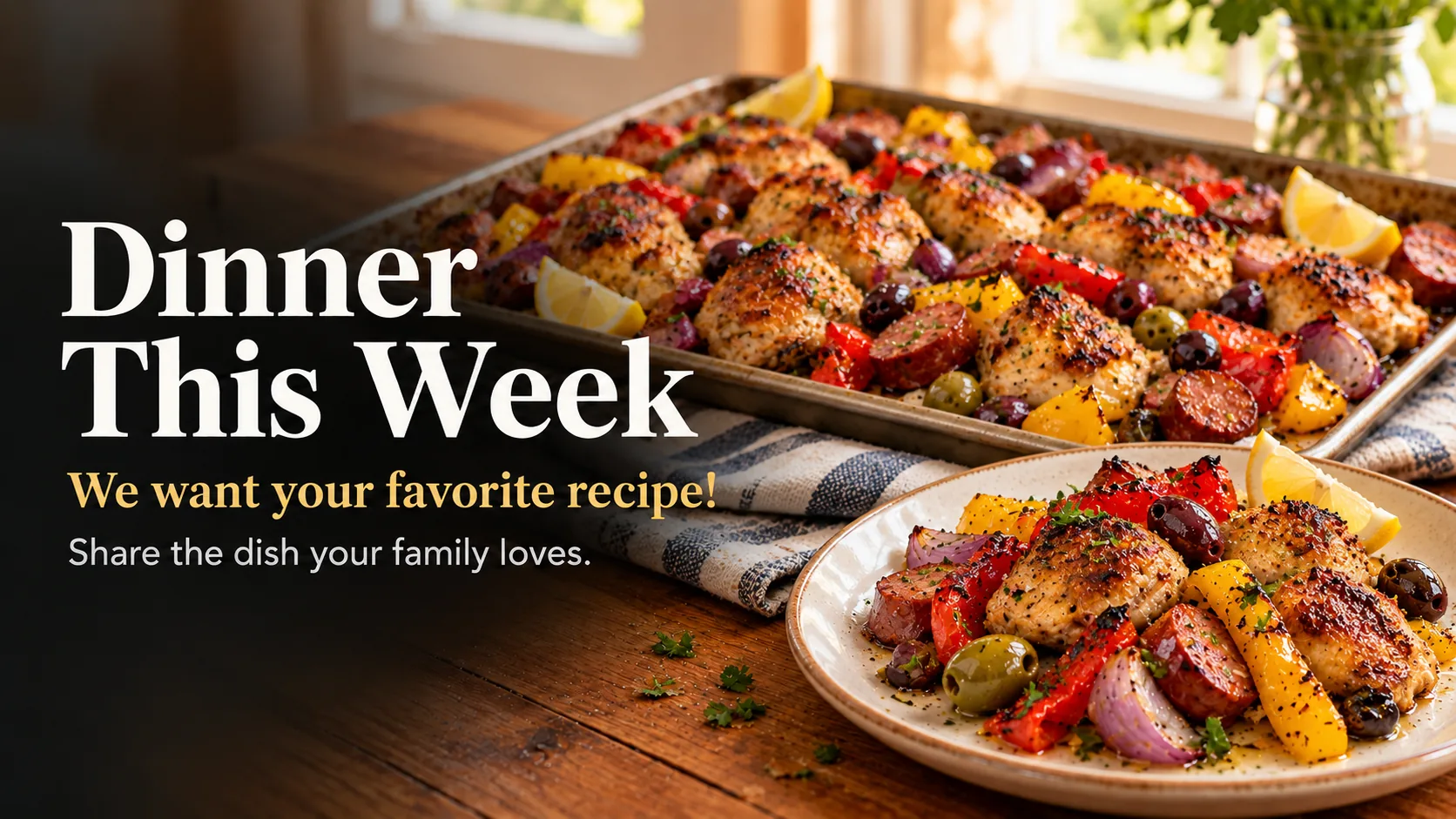 Mediterranean Sheet-Pan Chicken and Sausage, served at the table