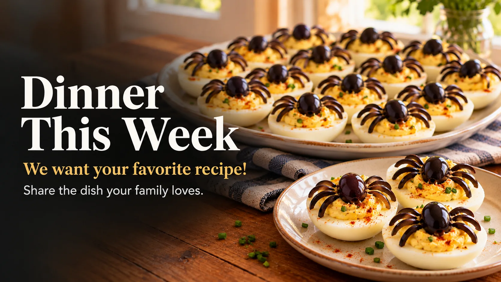 Deviled egg halves each topped with a black olive spider with sliced olive legs, arranged on a platter.