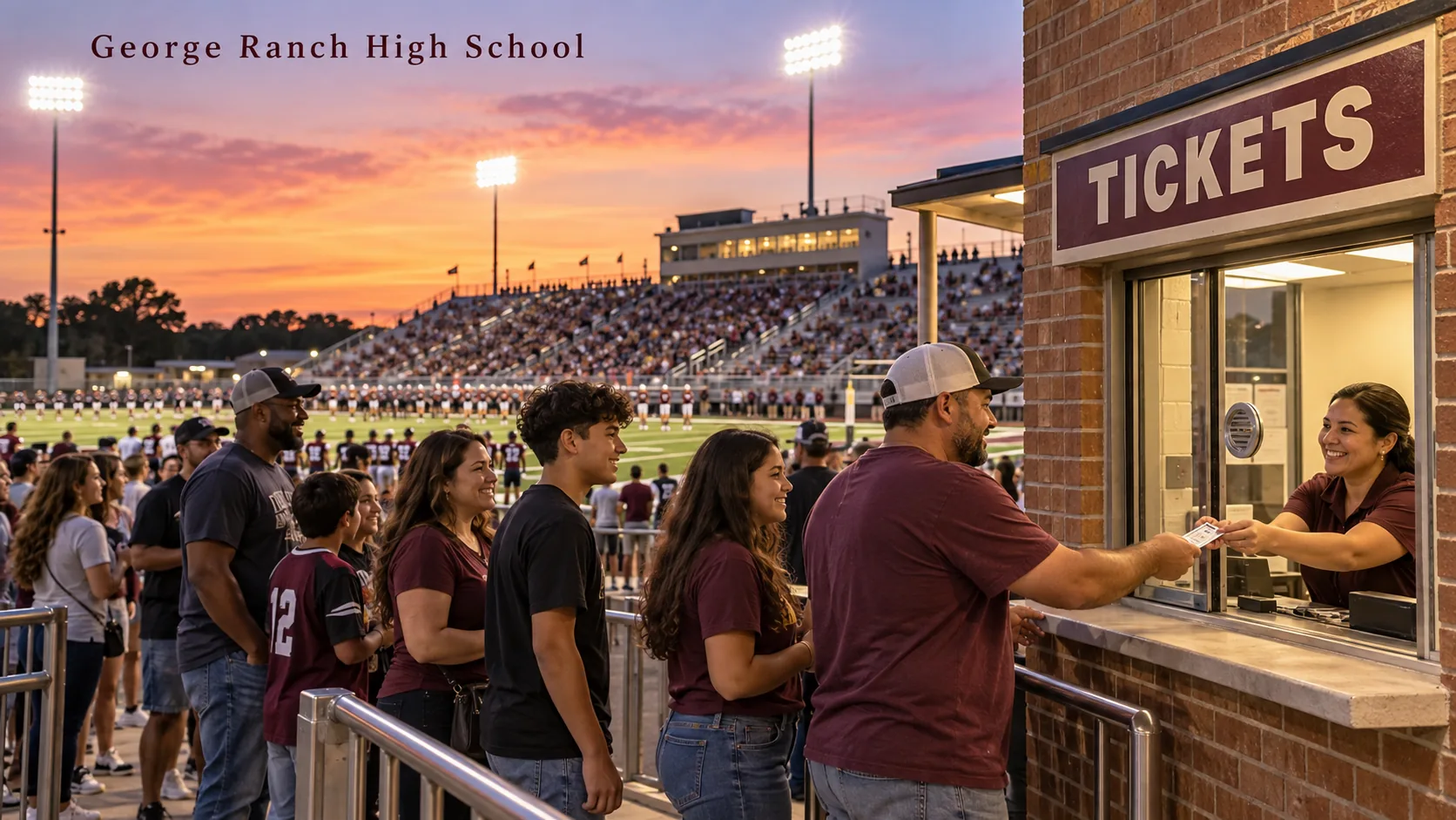 Fans lining up at the ticket window outside a George Ranch High School football game at sunset.