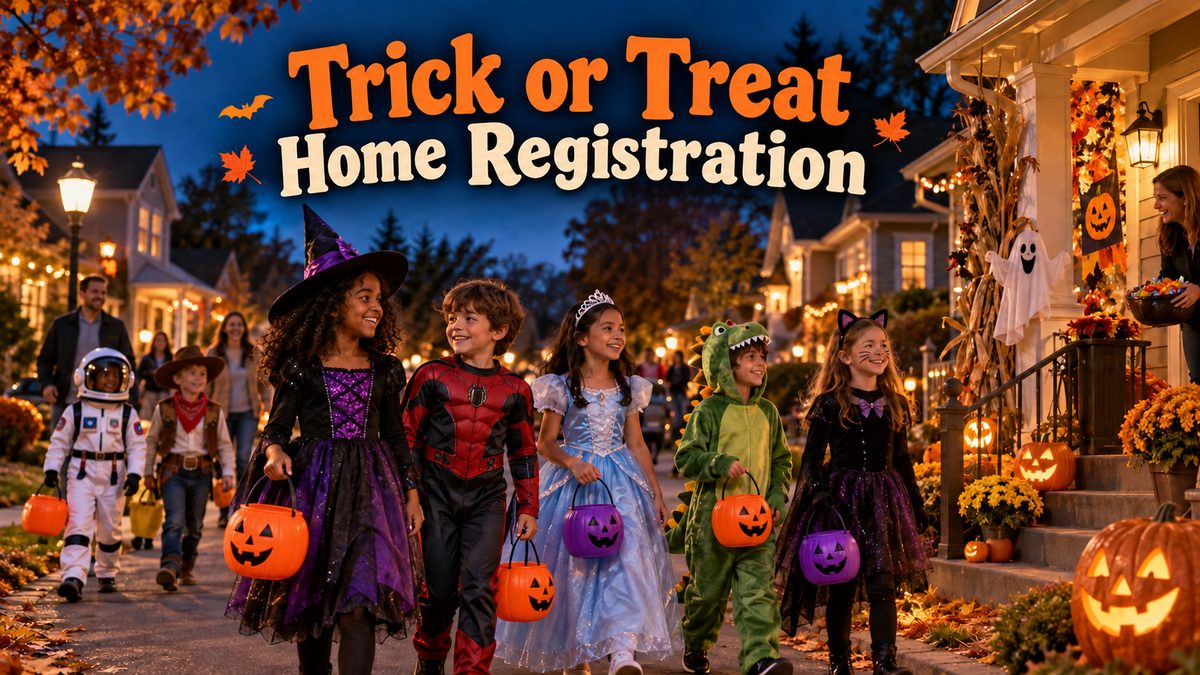 Trick-or-Treat Map 2026 in Greatwood: costumed children walking a decorated neighborhood street at dusk with candy buckets